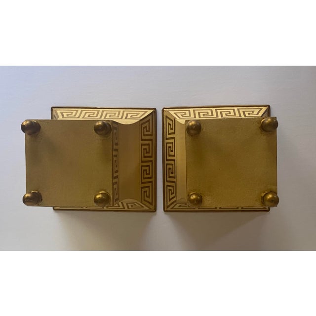 Tan Hand Painted Greek Key Metal Tole Cachepot Planters, Set of 2 For Sale - Image 8 of 11
