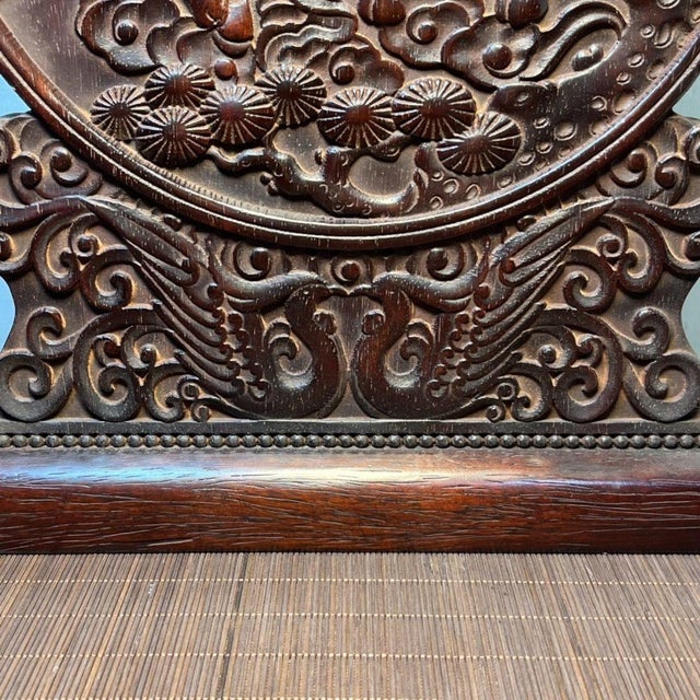 Vintage Bloodwood Round Table Screen, Hand Carved Plum Blossom Deer Relief, Chinoiserie Decor For Sale In Los Angeles - Image 6 of 9