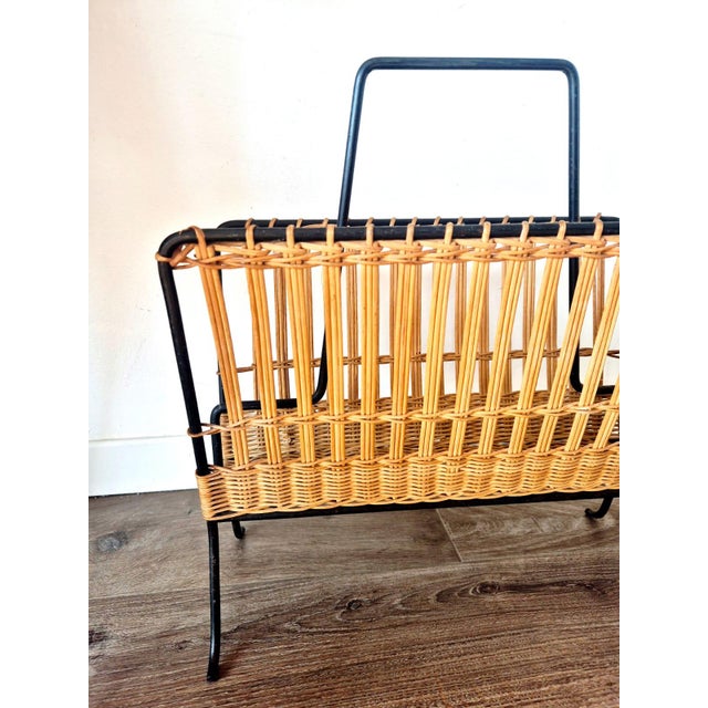 Mid-Century Modern Woven Rattan and Black Wrought Iron Magazine Rack, 1950s For Sale - Image 9 of 12
