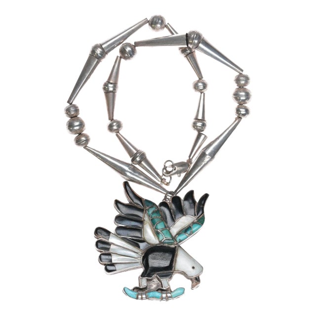 Vintage Zuni silver Eagle pendant on beaded necklace For Sale