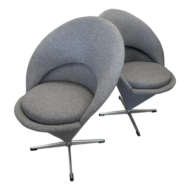 Verner Panton Cone Chairs Re-upholstered in Gray Wool Flannel - Set of 2 For Sale