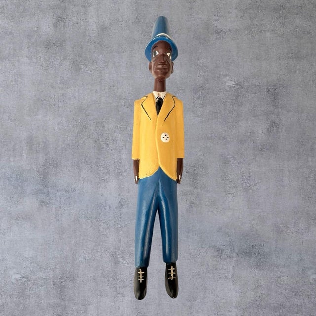 African Vintage African Hand Carved Wood Colon Statue Gentleman Figure Yellow Suit 19" For Sale - Image 3 of 10