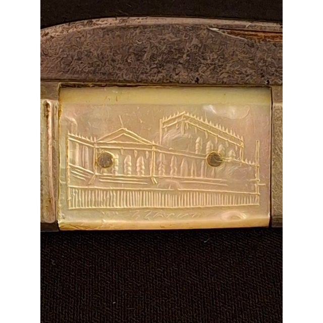 Metal Rare Antique Mother of Pearl Folding Challah Knife Karlsbad Judaica Jerusalem Temple Engraved For Sale - Image 7 of 18