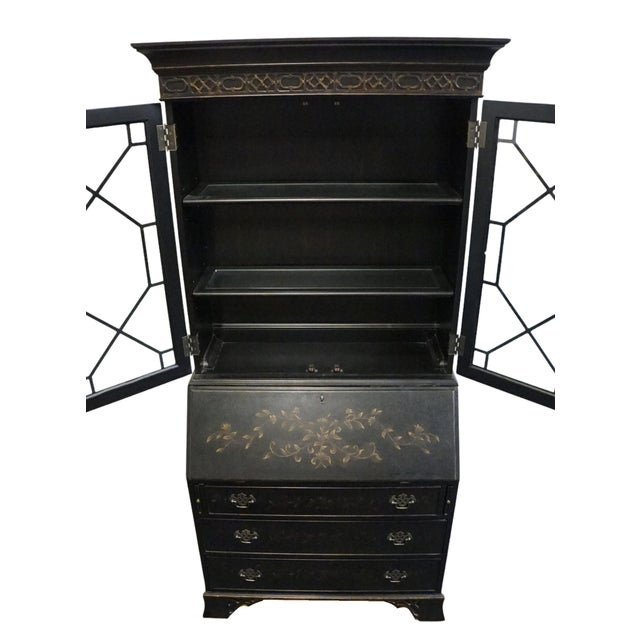 Early 21st Century Ethan Allen Newport Collection Contemporary Asian Inspired Black 41" Secretary Desk W. Bookcase Hutch Top 34-9408 For Sale - Image 5 of 15