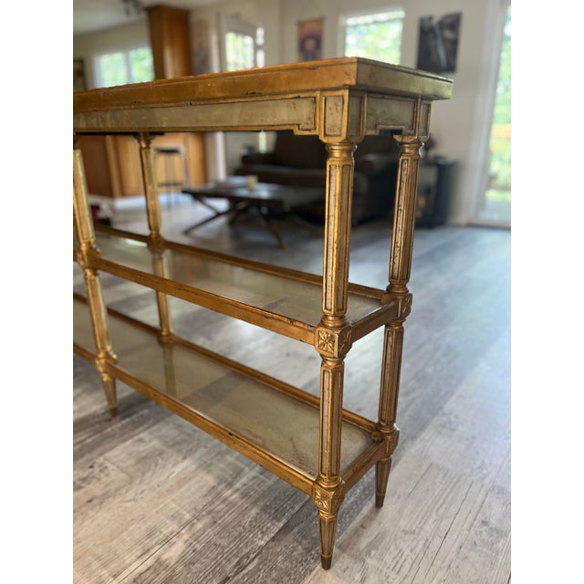 Theodore Alexander Theodore Alexander Hollywood Regency Gilded Eglomisé Glass Three-Tier Console Table For Sale - Image 4 of 6