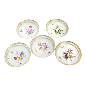 5 Antique Meissen Porcelain Neoclassical Reticulated Bowls With Deutsche Blumen