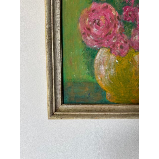 Pink Vintage Flower in Vase Still Life Impressionist Oil on Masonite Board – Framed For Sale - Image 8 of 11