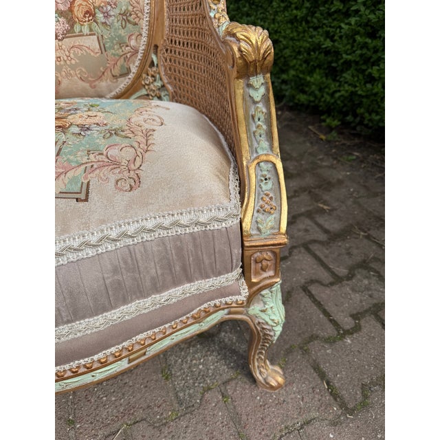 1940 French Louis XVI Pastel Beech Cane Bergères - Pair For Sale - Image 6 of 11