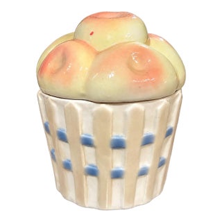 Vintage Pastel Fruit Basket Ceramic Lidded Jar With Sculpted Fruit For Sale