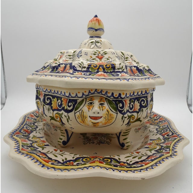 Large Vintage Hand Painted French Vieux Rouen Tureen with Charger, 1930s For Sale - Image 13 of 18