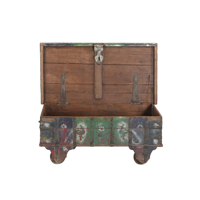 Indian Antique Indian Teakwood Painted Blanket Chest/Coffee Table For Sale - Image 3 of 4
