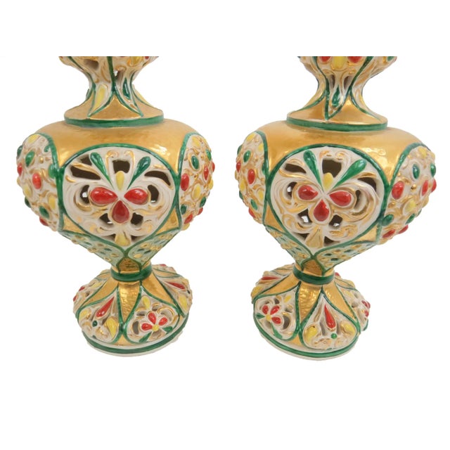 1920s Antique Italian Polychrome and Gilt Embossed Reticulated Majolica Jewel Urns - a Pair For Sale - Image 5 of 13