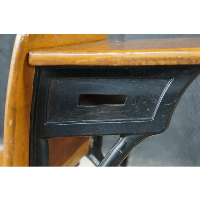 Antique American Solid Maple Classroom School Desk Cast Iron Flip-Up Chair Combo For Sale - Image 17 of 18