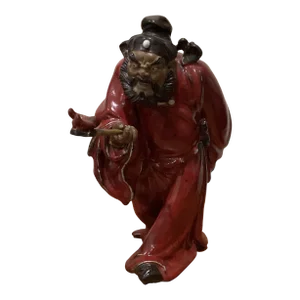 Mid 20th Century China Painted Pottery Porcelain Zhongshan Kui Chungkuel God Fan Fu Bat Statue