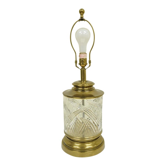 Vintage Ethan Allen Brass & Etched Crystal Glass Table Desk Bedside