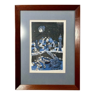 Vintage Original Color Woodcut Print "Harbor in Brittany" by John Ross 16"x12" For Sale