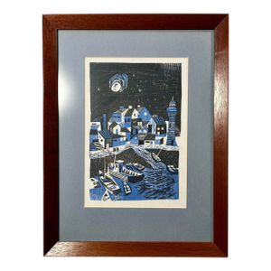 Vintage Original Color Woodcut Print "Harbor in Brittany" by John Ross 16"x12"