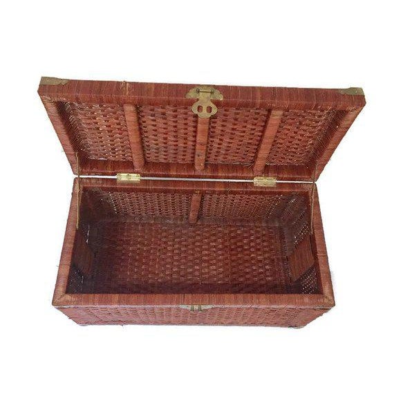 Vintage Rattan Trunk Woven Wicker Blanket Chest Chinese Brass Hardware