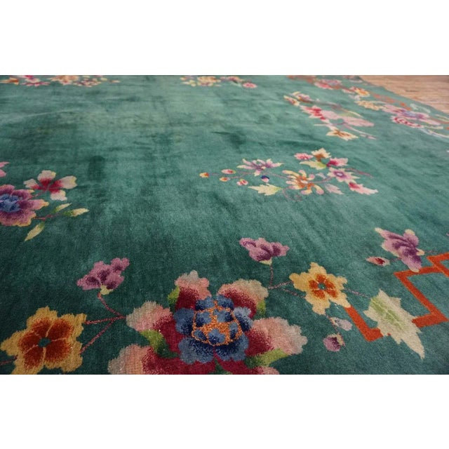 Textile 1920s Green Flowers Modern Antique Chinese Art Deco Carpet 8'9" X 11'6" Knotted Pile Wool Rug For Sale - Image 7 of 9