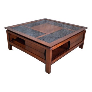 Square Coffee Table in Wood with Black Glass Top, 1990s For Sale