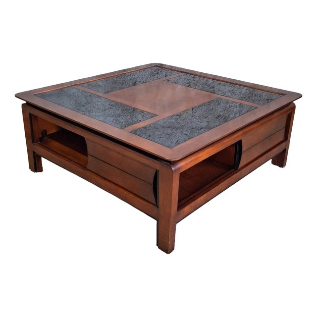 Square Coffee Table in Wood with Black Glass Top, 1990s For Sale
