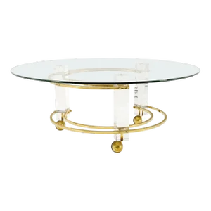 Polished Brass & Lucite Base Round Midcentury Coffee Table on Wheels