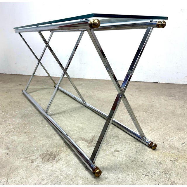 Maison Jansen Modernist Maison Jansen Style X-Base Chrome & Glass Console Table For Sale - Image 4 of 12