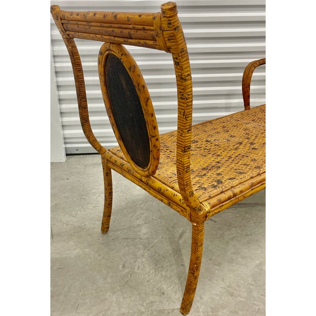 Mid-Century Bohemian Burnt Rattan Daybed Bench With Authentic Hand-Woven Cane Seat For Sale - Image 14 of 18