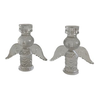 1980s Rosenthal Studio Line Glass Folk Art Angel Candlesticks Attributed to Bjorn Wiinblad - Set of 2 For Sale