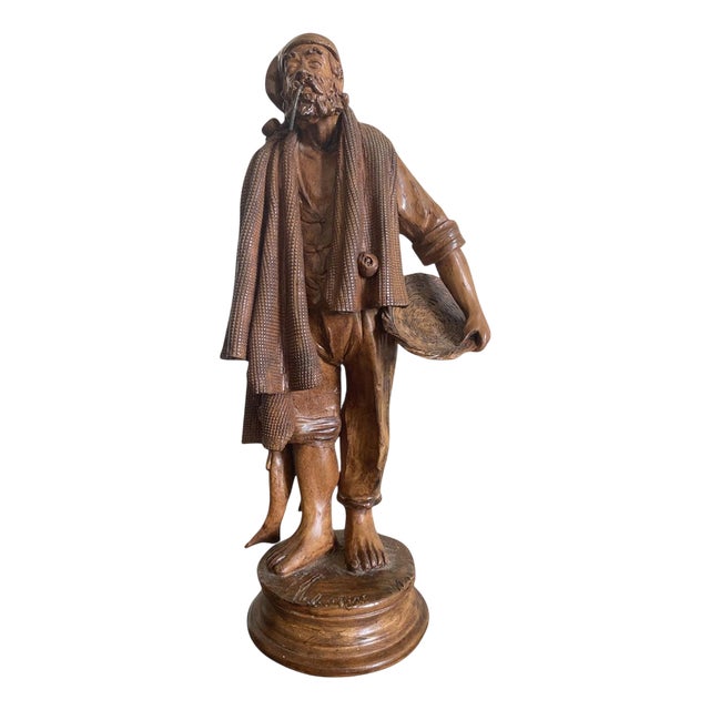 Late 20th Century Carved Wooden Fisherman Sculpture, Italy For Sale