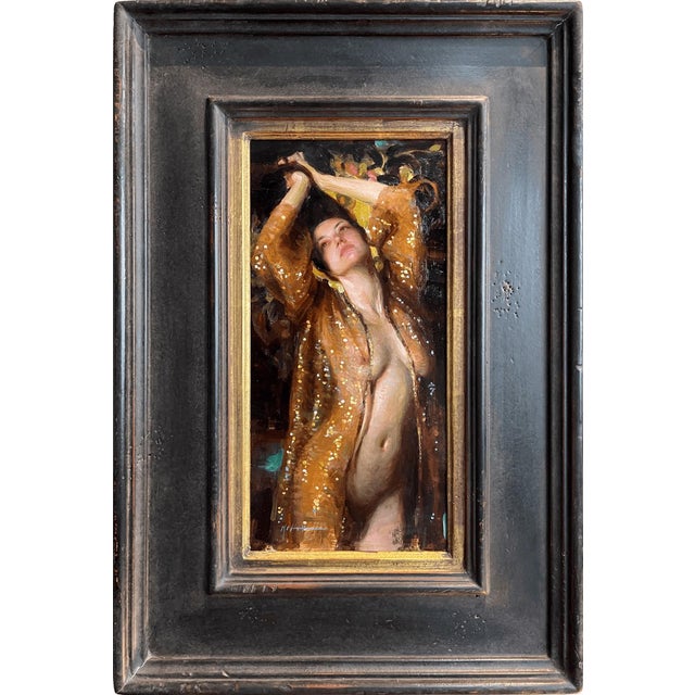 Figurative Glimmer by Karen Offutt | Oil on Panel Portrait of a woman in a shimmering robe. For Sale - Image 3 of 3