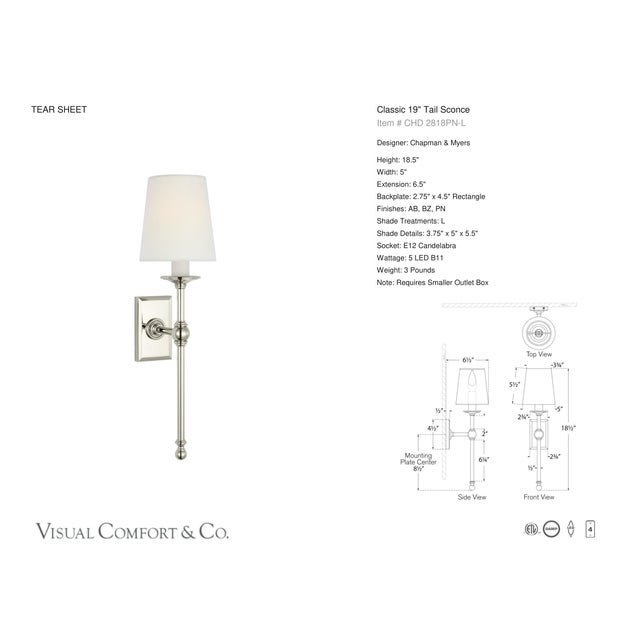 Chapman & Myers for Visual Comfort Signature Classic 19" Tail Sconce in Polished Nickel with Linen Shades For Sale In Houston - Image 6 of 8