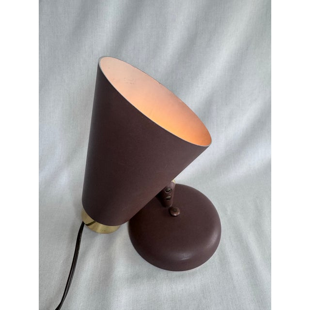 Vintage Mid Century Modern Atomic Cone Chocolate Brown Metal & Brass Finish Plug-in Desk Lamp For Sale In Houston - Image 6 of 11