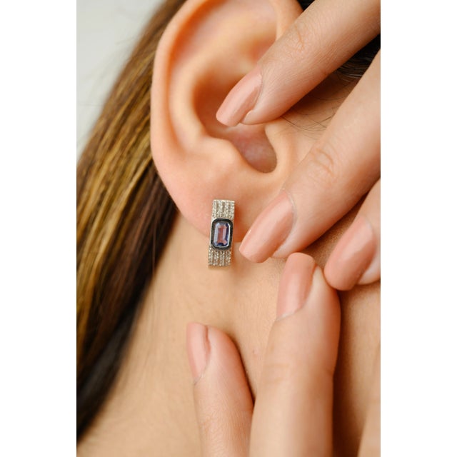 14k White Gold Blue Sapphire and Diamond Huggie Hoop Earrings- 2 Pieces For Sale - Image 4 of 8