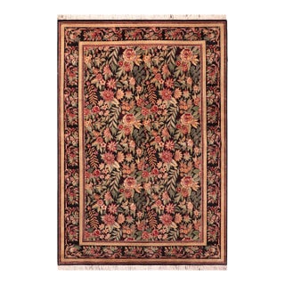 Shabby Chic Floral 1990's Pak-Persian Black/Red Wool Rug - 6'2'' X 9'5'' For Sale