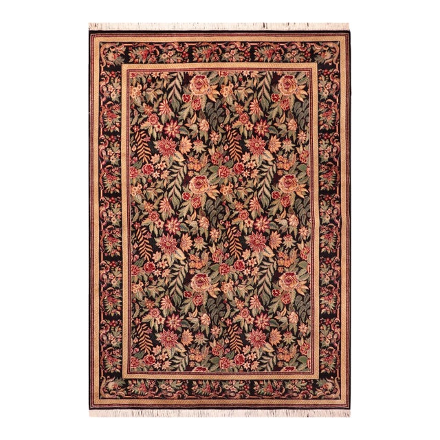 Shabby Chic Floral 1990's Pak-Persian Black/Red Wool Rug - 6'2'' X 9'5'' For Sale
