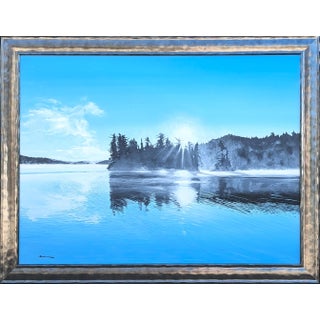 Bruce Herchenrader Contemporary Blue Toned Realistic Forested Lake Landscape Nature Painting, 2010 For Sale