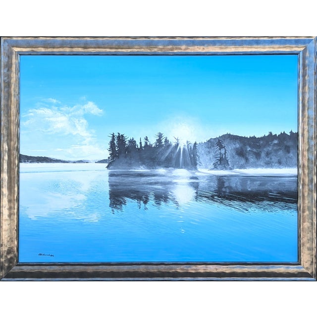 Bruce Herchenrader Contemporary Blue Toned Realistic Forested Lake Landscape Nature Painting, 2010 For Sale