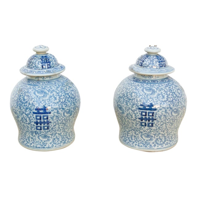 Pair of Blue & White Double Happiness Jars For Sale