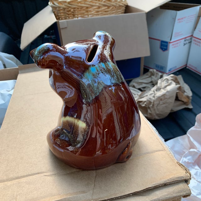 1957 Mid Century Hull Brown and Turquoise Drip Glaze Ceramic Piggy Bank