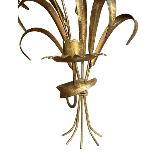 Mid 20th Century Vintage Italian Gilt Tole Wheat Candle Sconces / Holders, a Pair For Sale - Image 5 of 6