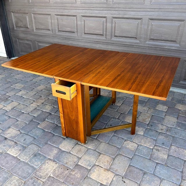 Wood Vintage Mid-Century Modern Space Saver Minimalist Hide Away Dropleaf Table W/ 4 Hidden Folding Chairs, Romania, C. 1960's For Sale - Image 7 of 10