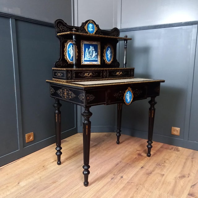 Metal Ebonized Wooden Bonheur Du Jour Writing Desk For Sale - Image 7 of 18