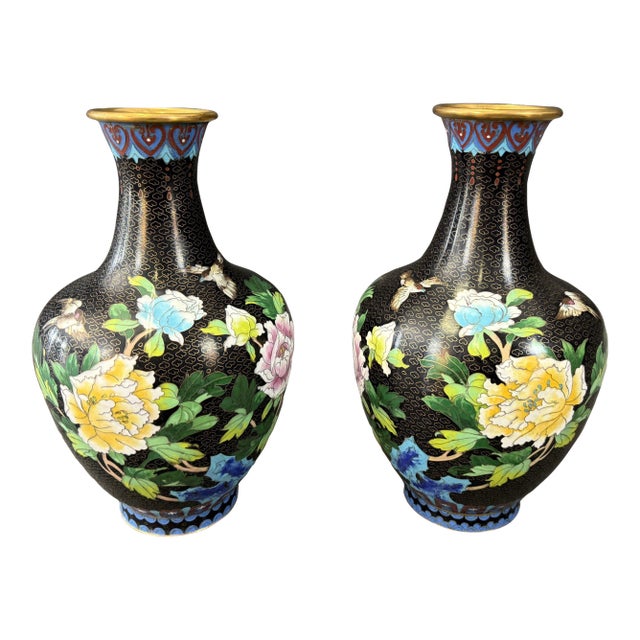 Late 20th Century Pair of Black Floral Cloisonne Vases For Sale