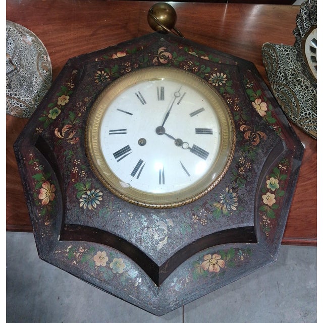 Metal Napoleon III Octagonal Wall Clock with Painted Flowers For Sale - Image 7 of 8