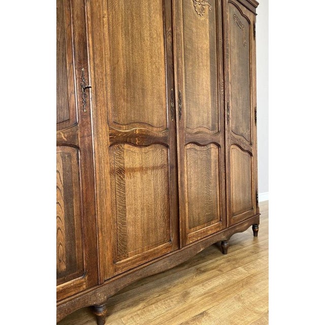 Vintage French Louis XVI Style Carved Oak 4-Door Wardrobe For Sale - Image 11 of 18