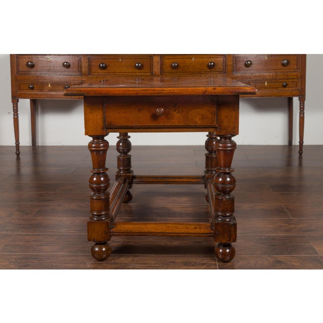 Brown English 1850s Walnut Parquet Top Table with Single Drawer and Turned Legs For Sale - Image 8 of 12