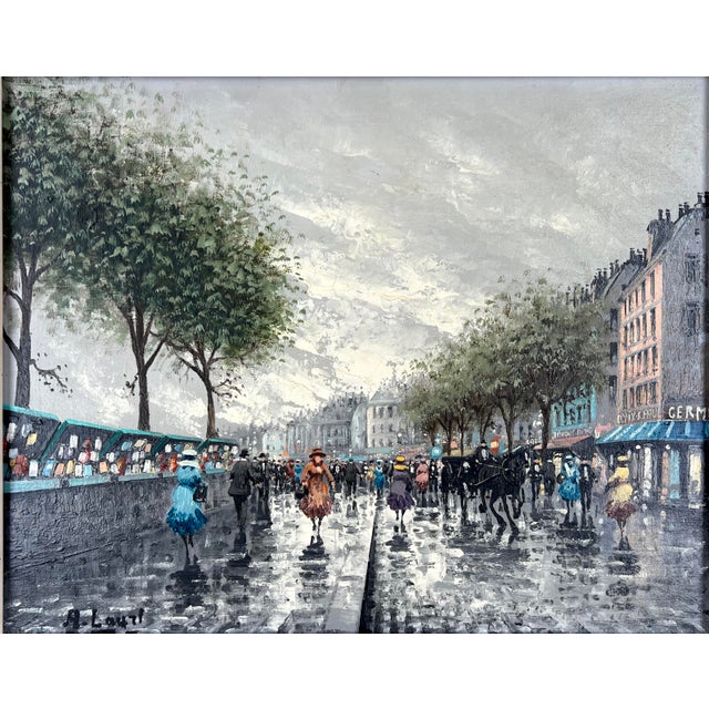 Paris street scene by a French street artist signed lower right. Label on verso "Angelo Ponza" Art Gallery Naples, Italy....