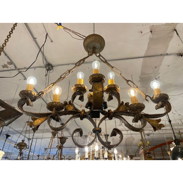 Metal Antique Italian Style Horizontal Nine Light Rustic Chandelier Rewired For Sale - Image 7 of 12