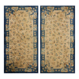1920s Beige Field Floral Antique Pair of Chinese Peking Gallery Rug 5'3" X 9' 9" For Sale